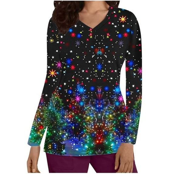 Holiday Gifts! Titcea Christmas Scrub Tops Women Xmas Tree Printed Short Sleeved V Neck Scrub Tops with Pockets Lightweight Stretchy Working Uniform