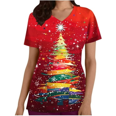 Holiday Gifts! Titcea Christmas Scrub Tops Women Xmas Tree Printed Short Sleeved V Neck Scrub Tops with Pockets Lightweight Stretchy Working Uniform