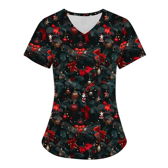 Holiday Gifts! Titcea Christmas Scrub Tops for Women Stretchy V Neck Short Sleeve Cute Santa Printed Nurse Holiday Working Uniforms