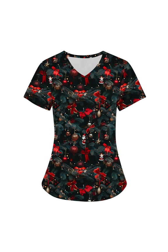 Holiday Gifts! Titcea Christmas Scrub Tops for Women Stretchy V Neck Short Sleeve Cute Santa Printed Nurse Holiday Working Uniforms