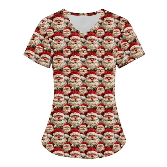 Holiday Gifts! Titcea Christmas Scrub Tops for Women Stretchy V Neck Short Sleeve Cute Santa Printed Nurse Holiday Working Uniforms