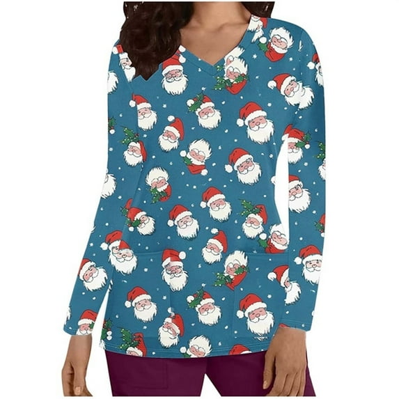 Holiday Gifts! Titcea Christmas Scrub Tops for Women Stretchy V Neck Short Sleeve Cute Santa Printed Nurse Holiday Working Uniforms