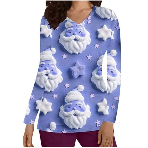 Holiday Gifts! Titcea Christmas Scrub Tops for Women Stretchy V Neck Short Sleeve Cute Santa Printed Nurse Holiday Working Uniforms