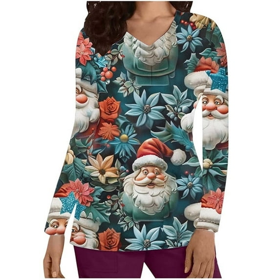 Holiday Gifts! Titcea Christmas Scrub Tops for Women Stretchy V Neck Short Sleeve Cute Santa Printed Nurse Holiday Working Uniforms