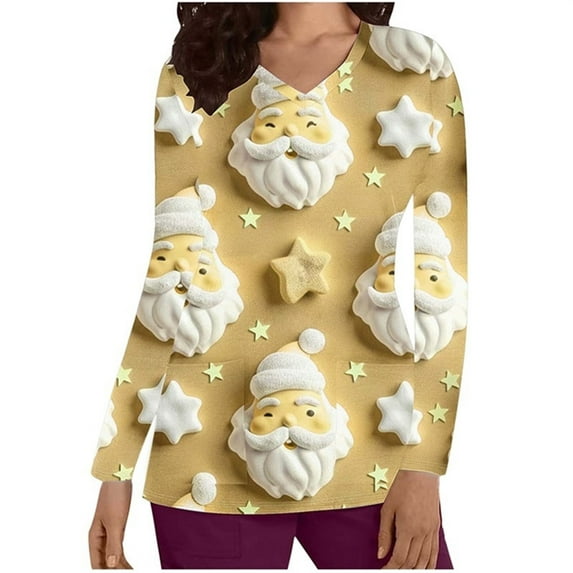 Holiday Gifts! Titcea Christmas Scrub Tops for Women Stretchy V Neck Short Sleeve Cute Santa Printed Nurse Holiday Working Uniforms