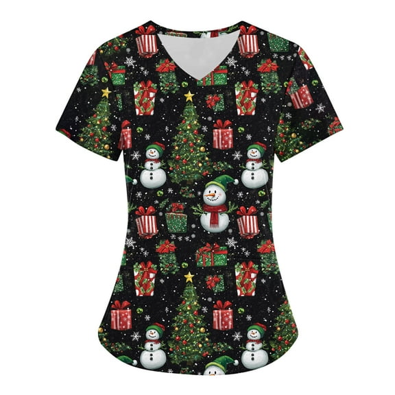 Holiday Gifts! Titcea Christmas Scrub Tops for Women Stretchy V Neck Short Sleeve Cute Santa Printed Nurse Holiday Working Uniforms