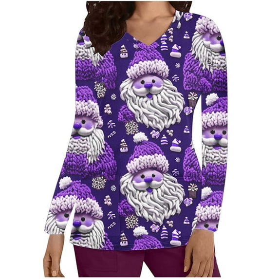 Holiday Gifts! Titcea Christmas Scrub Tops for Women Stretchy V Neck Short Sleeve Cute Santa Printed Nurse Holiday Working Uniforms