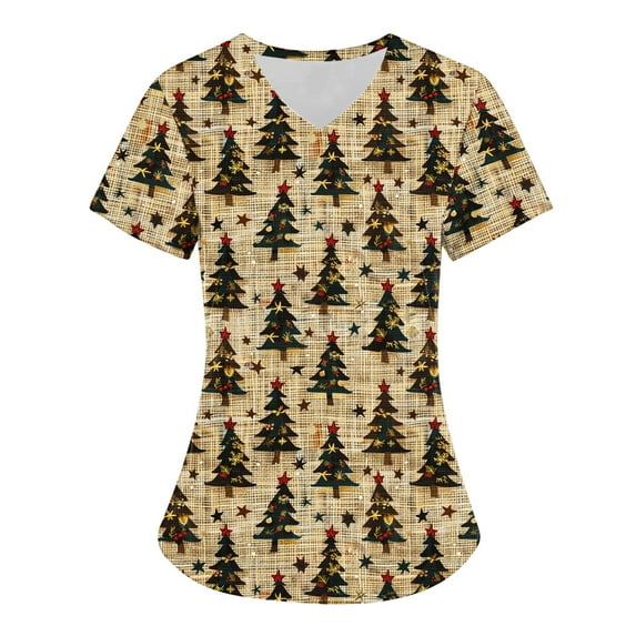 Holiday Gifts! Titcea Christmas Scrub Tops for Women Stretchy V Neck Short Sleeve Cute Santa Printed Nurse Holiday Working Uniforms