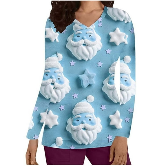 Holiday Gifts! Titcea Christmas Scrub Tops for Women Stretchy V Neck Short Sleeve Cute Santa Printed Nurse Holiday Working Uniforms