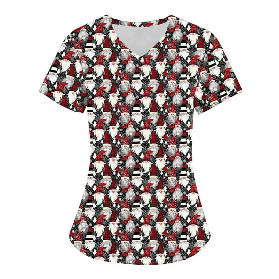 Holiday Gifts! Titcea Christmas Scrub Tops for Women Stretchy V Neck Short Sleeve Cute Santa Printed Nurse Holiday Working Uniforms