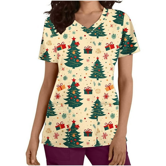 Holiday Gifts! Titcea Christmas Scrub Tops for Women Stretchy V Neck Short Sleeve Cute Xmas Printed Nurse Holiday Working Uniforms