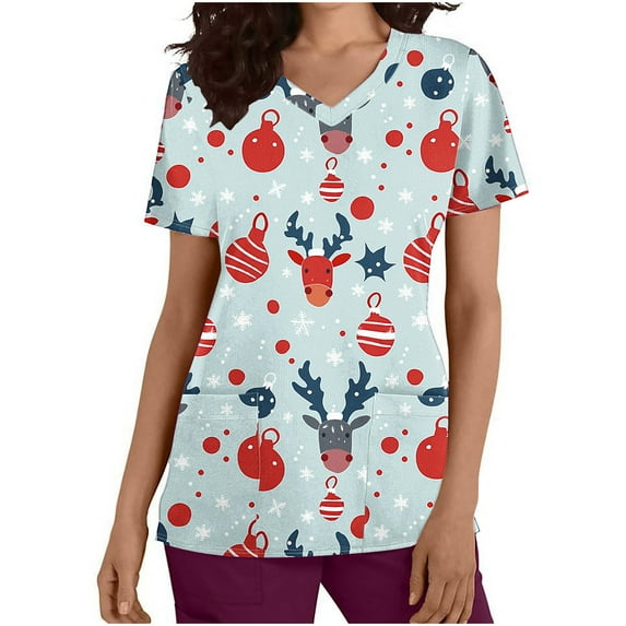 Holiday Gifts! Titcea Christmas Scrub Tops for Women Stretchy V Neck Short Sleeve Cute Xmas Printed Nurse Holiday Working Uniforms