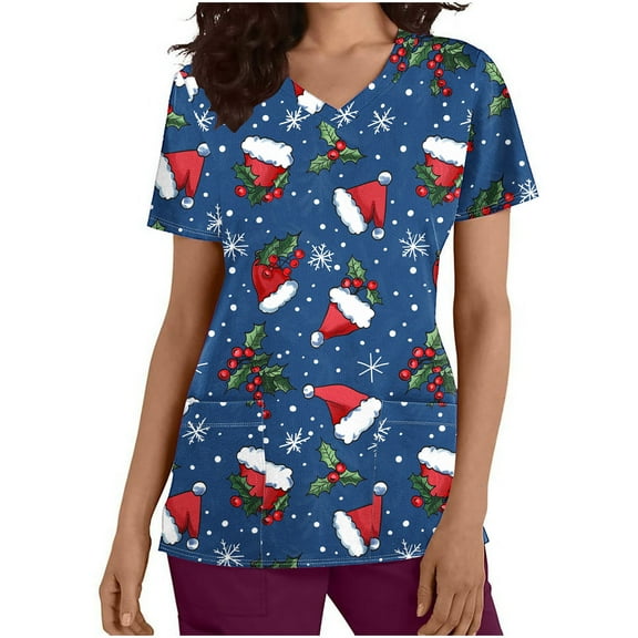 Holiday Gifts! Titcea Christmas Scrub Tops for Women Stretchy V Neck Short Sleeve Cute Xmas Printed Nurse Holiday Working Uniforms