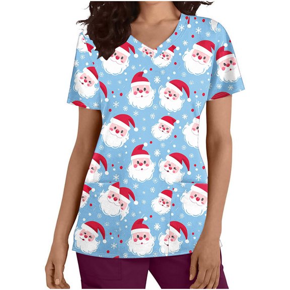 Holiday Gifts! Titcea Christmas Scrub Tops for Women Stretchy V Neck Short Sleeve Cute Xmas Printed Nurse Holiday Working Uniforms