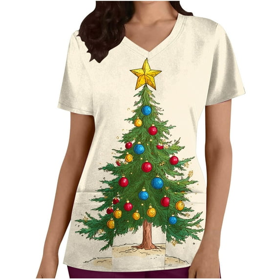 Holiday Gifts! Titcea Christmas Scrub Tops for Women Stretchy V Neck Short Sleeve Cute Xmas Printed Nurse Holiday Working Uniforms