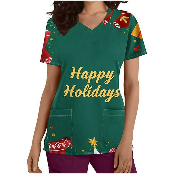 Holiday Gifts! Titcea Christmas Scrub Tops for Women Stretchy V Neck Short Sleeve Cute Xmas Printed Nurse Holiday Working Uniforms