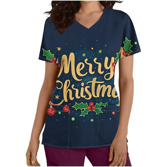Holiday Gifts! Titcea Christmas Scrub Tops for Women Stretchy V Neck Short Sleeve Cute Xmas Printed Nurse Holiday Working Uniforms