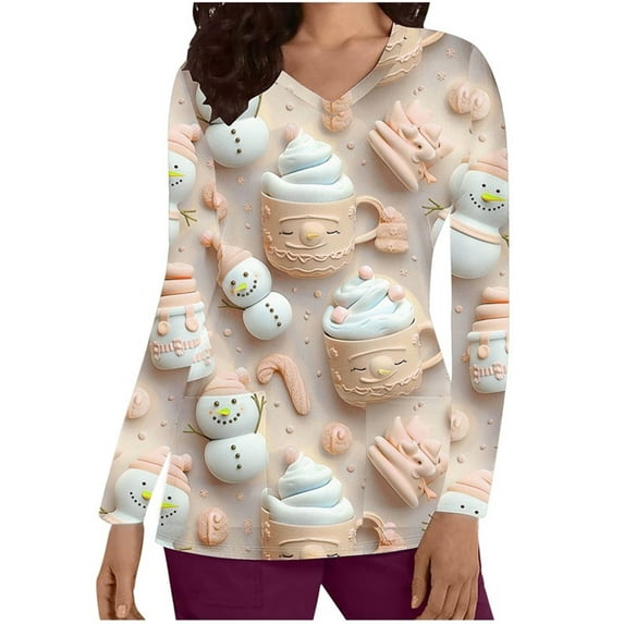 Holiday Gifts! Titcea Christmas Scrub Tops for Women Stretchy V Neck Short Sleeve Cute Xmas Printed Nurse Holiday Working Uniforms