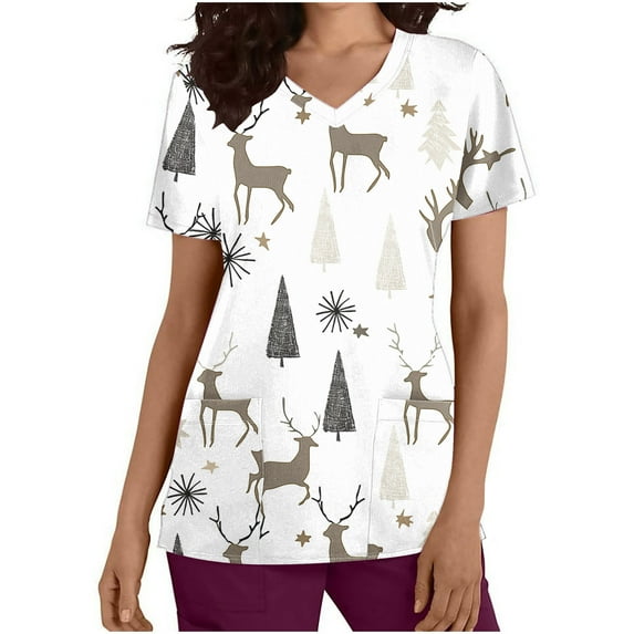 Holiday Gifts! Titcea Christmas Scrub Tops for Women Stretchy V Neck Short Sleeve Cute Xmas Printed Nurse Holiday Working Uniforms