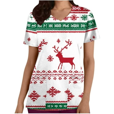 Holiday Gifts! Titcea Christmas Scrub Tops for Women Stretchy V Neck Short Sleeve Cute Xmas Printed Nurse Holiday Working Uniforms