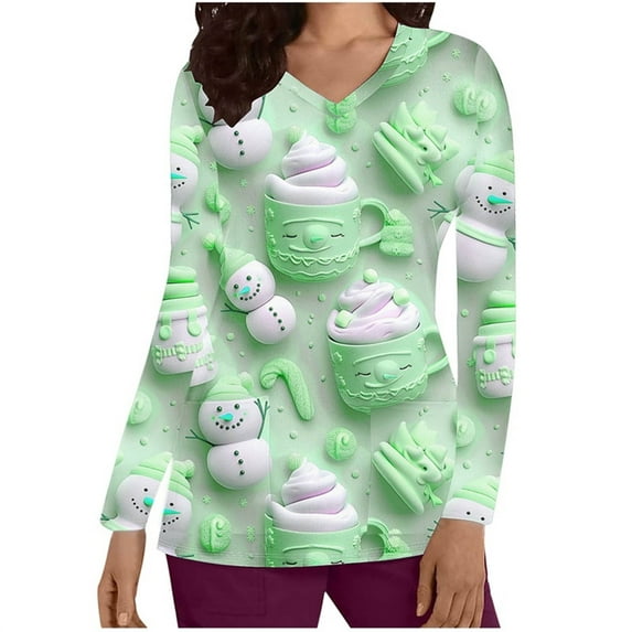 Holiday Gifts! Titcea Christmas Scrub Tops for Women Stretchy V Neck Short Sleeve Cute Xmas Printed Nurse Holiday Working Uniforms