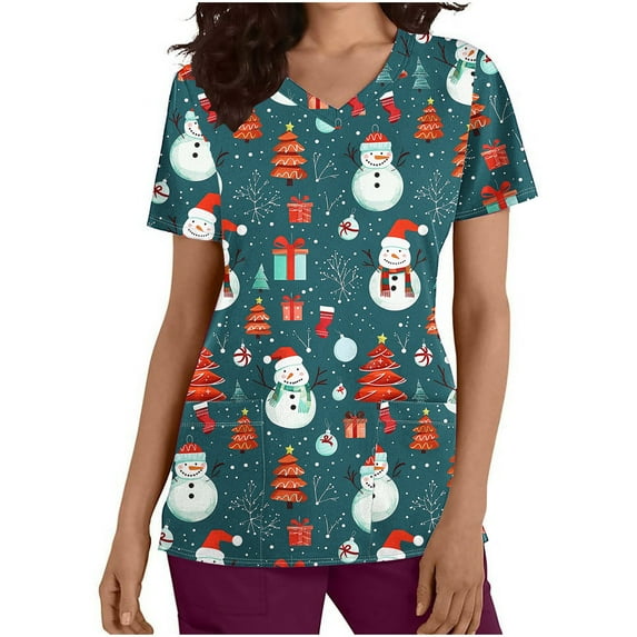 Holiday Gifts! Titcea Christmas Scrub Tops for Women Stretchy V Neck Short Sleeve Cute Xmas Printed Nurse Holiday Working Uniforms