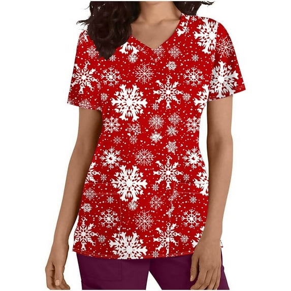 Holiday Gifts! Titcea Christmas Scrub Tops for Women Stretchy V Neck Short Sleeve Cute Xmas Printed Nurse Holiday Working Uniforms