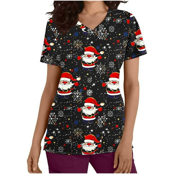 Holiday Gifts! Titcea Christmas Scrub Tops for Women Stretchy V Neck Short Sleeve Cute Xmas Printed Nurse Holiday Working Uniforms
