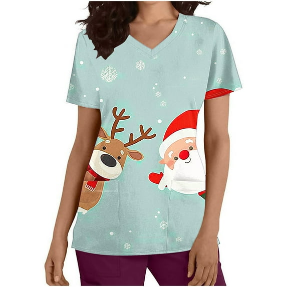 Holiday Gifts! Titcea Christmas Scrub Tops for Women Stretchy V Neck Short Sleeve Cute Xmas Printed Nurse Holiday Working Uniforms
