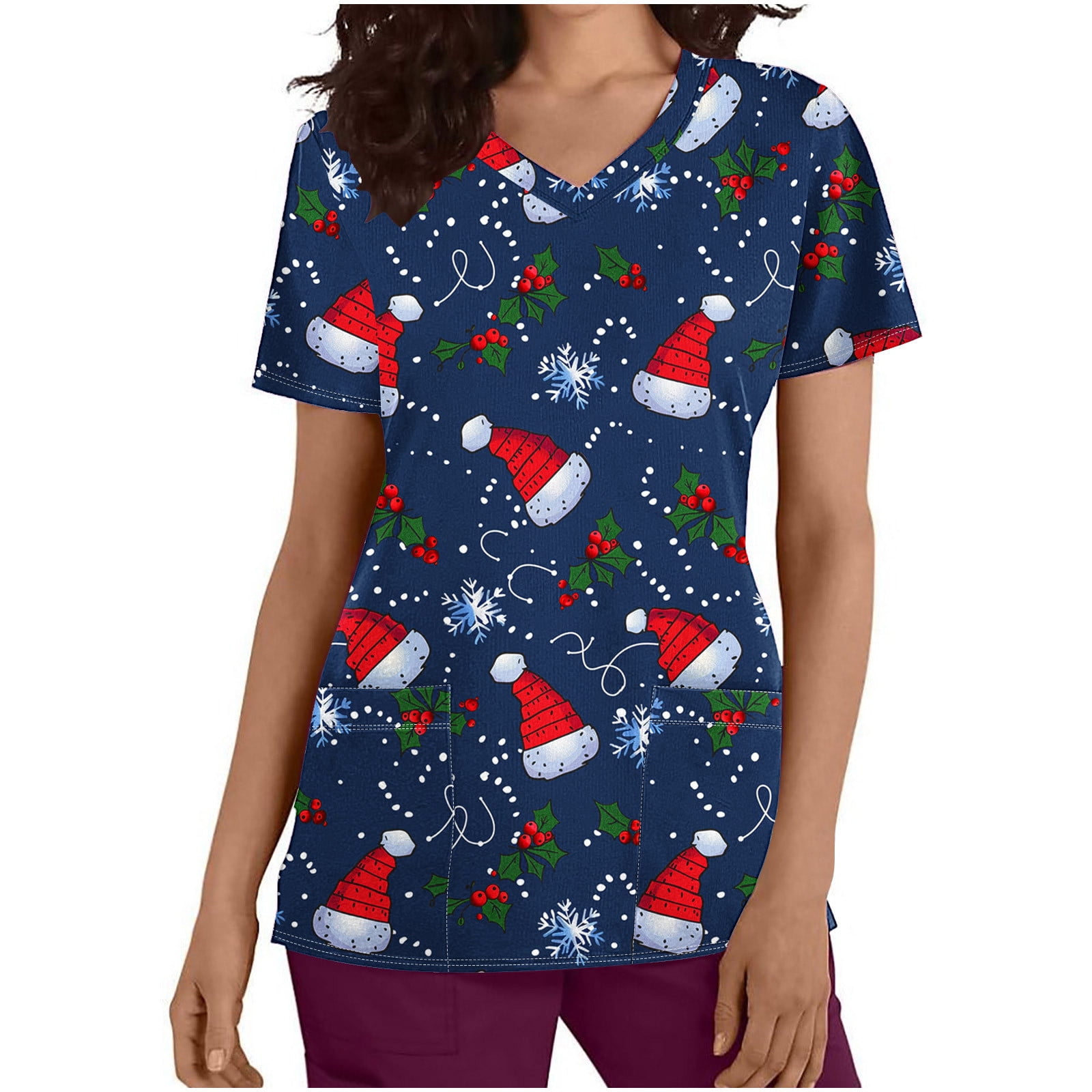 Holiday Gifts! Titcea Christmas Scrub Tops for Women Stretchy V Neck Short  Sleeve Cute Xmas Printed Nurse Holiday Working Uniforms, image size:1600x1600