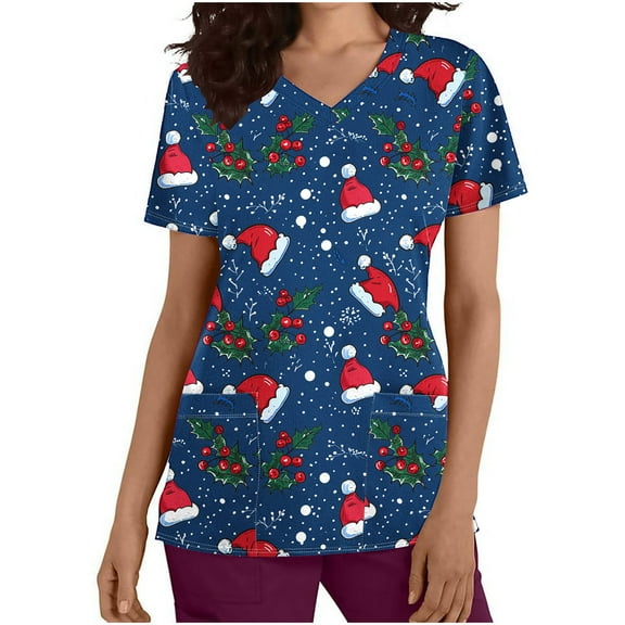 Holiday Gifts! Titcea Christmas Scrub Tops for Women Stretchy V Neck Short Sleeve Cute Xmas Printed Nurse Holiday Working Uniforms