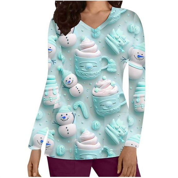 Holiday Gifts! Titcea Christmas Scrub Tops for Women Stretchy V Neck Short Sleeve Cute Xmas Printed Nurse Holiday Working Uniforms