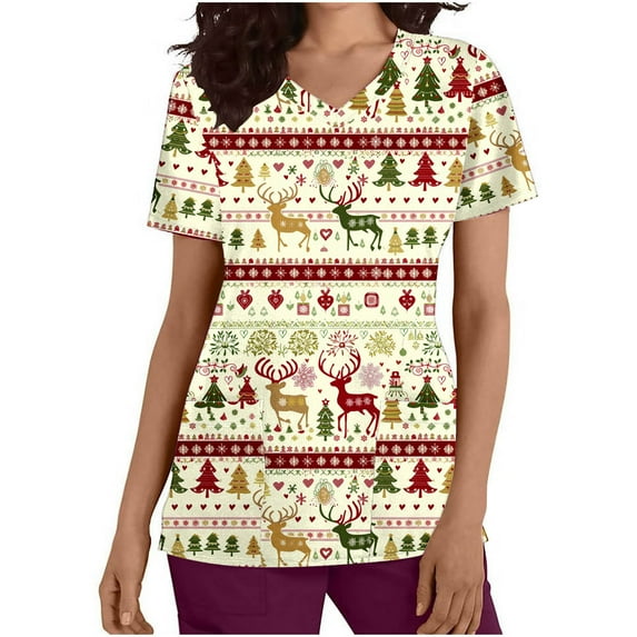 Holiday Gifts! Titcea Christmas Scrub Tops for Women Stretchy V Neck Short Sleeve Cute Xmas Printed Nurse Holiday Working Uniforms