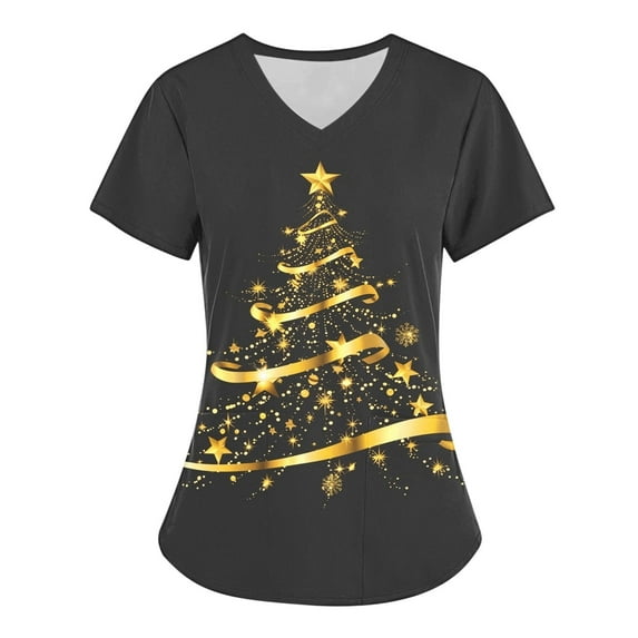 Holiday Gifts! Titcea Christmas Scrub Tops for Women Stretchy Vneck Short Sleeve Cute Xmas Printed Nurse Holiday Working Uniforms with Pockets