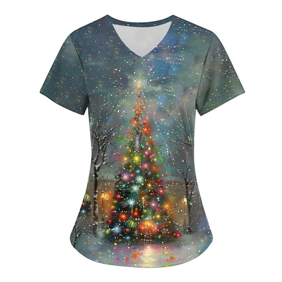 Holiday Gifts! Titcea Christmas Scrub Tops for Women V Neck Short Sleeve Fashion Christmas Tree Printed Working Uniforms