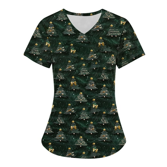 Holiday Gifts! Titcea Christmas Scrubs for Women Short Sleeve V Neck Casual Working Uniform Tops with Pockets Shirts Workwear Scrub Tops