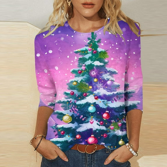 Holiday Gifts! Titcea Christmas Shirts for Women 3/4 Sleeve Crewneck Cute Christmas Print Pullover Sweaters 2024 Loose Comfort Casual Tops