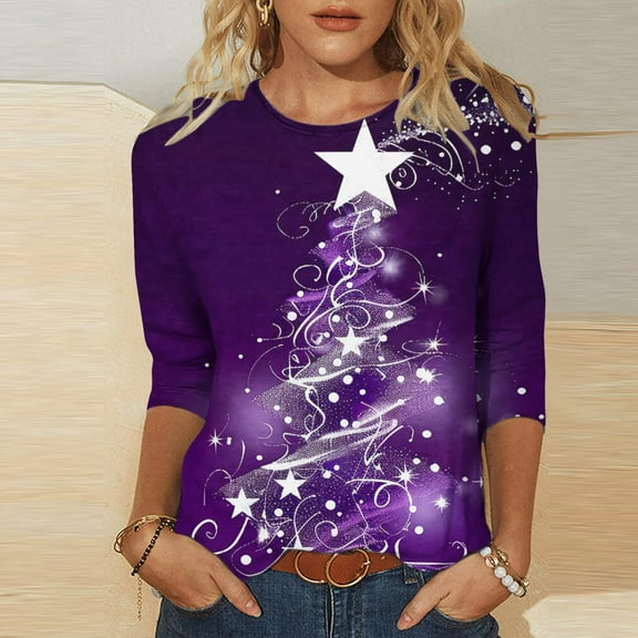 Holiday Gifts! Titcea Christmas Shirts for Women 3/4 Sleeve Crewneck Cute Christmas Print Pullover Sweaters 2024 Loose Comfort Casual Tops