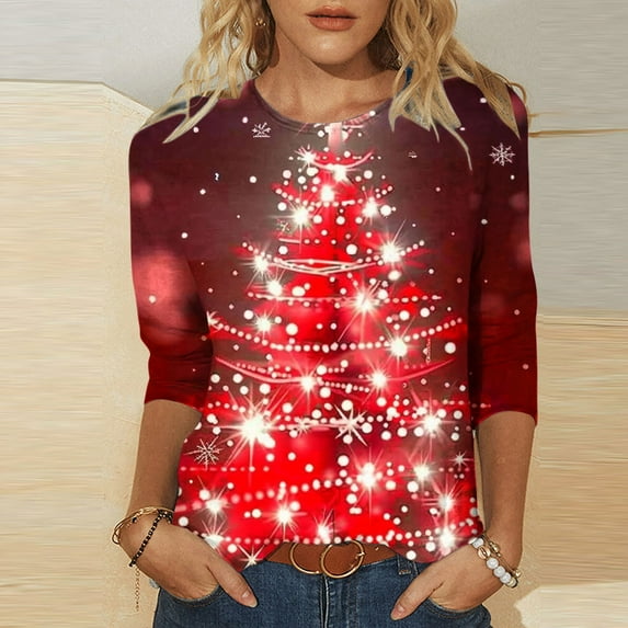 Holiday Gifts! Titcea Christmas Shirts for Women 3/4 Sleeve Crewneck Cute Christmas Print Pullover Sweaters 2024 Loose Comfort Casual Tops