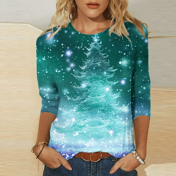 Holiday Gifts! Titcea Christmas Shirts for Women 3/4 Sleeve Crewneck Cute Christmas Print Pullover Sweaters 2024 Loose Comfort Casual Tops