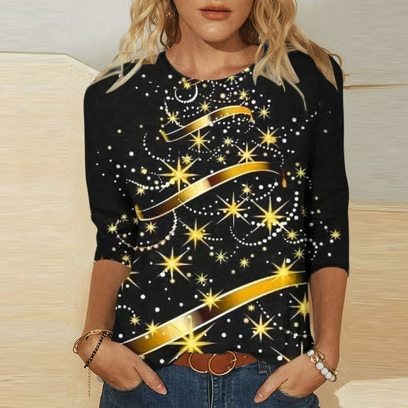 Titcea Christmas Shirts for Women 3/4 Sleeve Crew Neck Fashion Xmas Print Shirt Christmas Party Pullover Tops