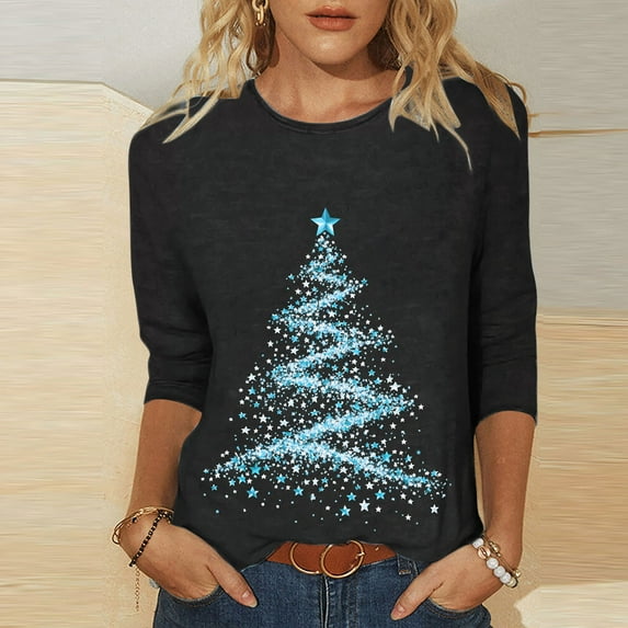Holiday Gifts! Titcea Christmas Shirts for Women 3/4 Sleeve Crewneck Glitter Xmas Tree Print Pullover Christmas Sweaters 2024 Fashion Casual Tops
