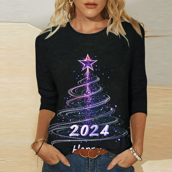 Holiday Gifts! Titcea Christmas Shirts for Women 3/4 Sleeve Crewneck Glitter Xmas Tree Print Pullover Christmas Sweaters 2024 Fashion Casual Tops