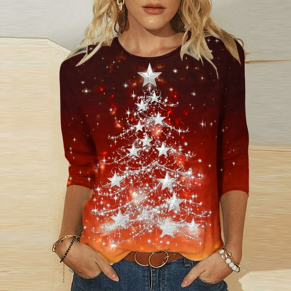 Holiday Gifts! Titcea Christmas Shirts for Women 3/4 Sleeve Crewneck Glitter Xmas Tree Print Pullover Christmas Sweaters 2024 Fashion Casual Tops