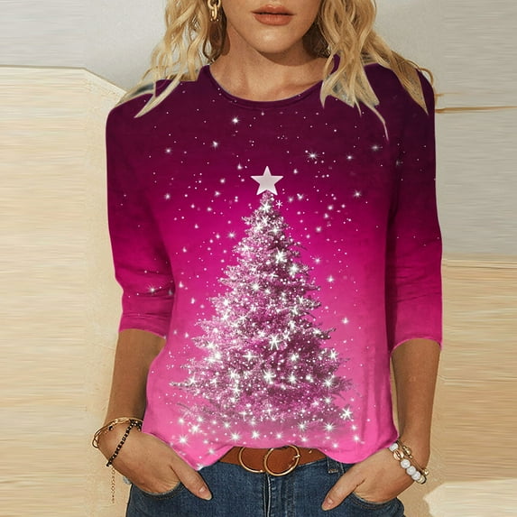 Holiday Gifts! Titcea Christmas Shirts for Women 3/4 Sleeve Crewneck Glitter Xmas Tree Print Pullover Christmas Sweaters 2024 Fashion Casual Tops