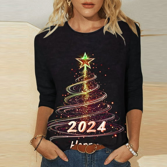 Holiday Gifts! Titcea Christmas Shirts for Women 3/4 Sleeve Crewneck Glitter Xmas Tree Print Pullover Christmas Sweaters 2024 Fashion Casual Tops