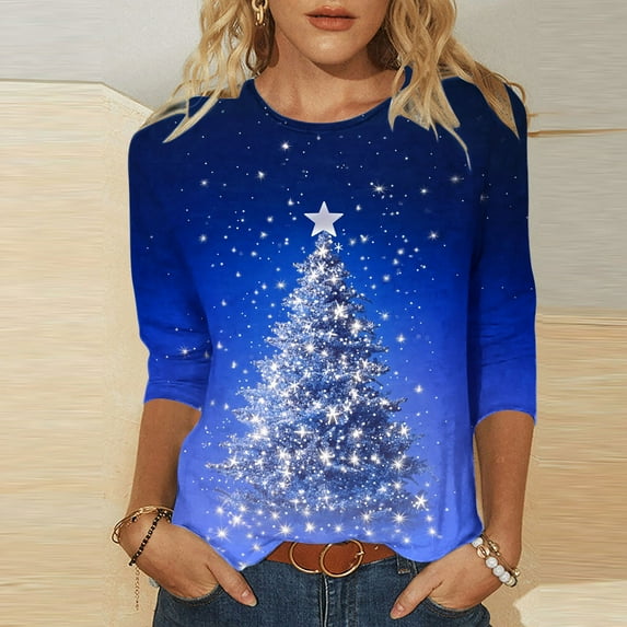 Holiday Gifts! Titcea Christmas Shirts for Women 3/4 Sleeve Crewneck Glitter Xmas Tree Print Pullover Christmas Sweaters 2024 Fashion Casual Tops