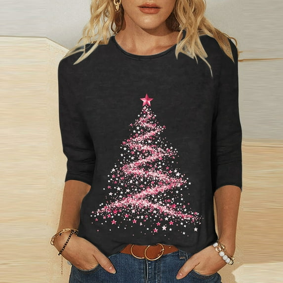 Holiday Gifts! Titcea Christmas Shirts for Women 3/4 Sleeve Crewneck Glitter Xmas Tree Print Pullover Christmas Sweaters 2024 Fashion Casual Tops