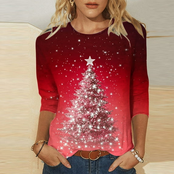 Holiday Gifts! Titcea Christmas Shirts for Women 3/4 Sleeve Crewneck Glitter Xmas Tree Print Pullover Christmas Sweaters 2024 Fashion Casual Tops