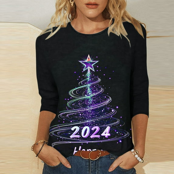 Holiday Gifts! Titcea Christmas Shirts for Women 3/4 Sleeve Crewneck Glitter Xmas Tree Print Pullover Christmas Sweaters 2024 Fashion Casual Tops